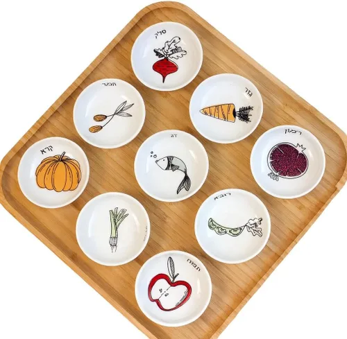 Studio - Plato de alta calidad de Rosh Hashanah hecho a mano de 13 pulgadas, decoraciones y adornos de mesa judíos, viene con cuencos de cerámica y