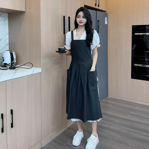 Miniatura 2 de Pinafore - Delantal, de lino y algodón japonés, con espalda cruzada para mujer, con bolsillos, vestido con lazos en la cintura (negro)