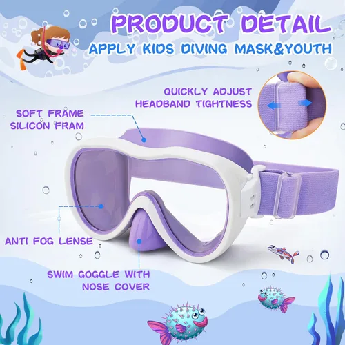 Miniatura 5 de Máscara de snorkel para niños, máscara de buceo de 180° con cubierta para la nariz, gafas de natación antiniebla para niños con correa de tela