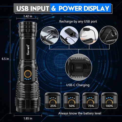 Miniatura 3 de Linternas LED de Alto Flujo en Lúmenes Recargables, Goreit 20,000 Lúmenes XHP70.2 Linterna Súper Brillante, Linterna Alimentada por Batería, Potente