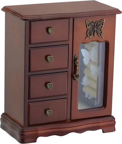 RR ROUND RICH DESIGN Joyero de madera maciza para maquillaje y organizador de anillos para mujer, con 4 cajones integrados, collar carrusel y espejo
