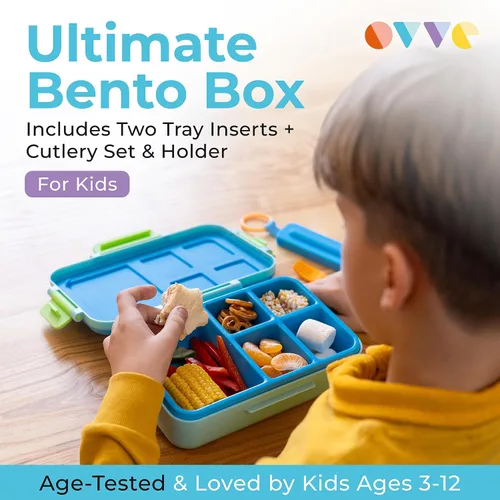 Miniatura 7 de ovve Lonchera Bento para niños y cubiertos – Lonchera para niños a prueba de fugas, insertos intercambiables, sin BPA, recipientes aptos para Azul