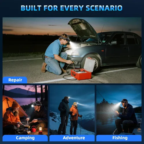 Miniatura 7 de Linterna frontal súper brillante recargable: luz LED para cabeza, 99000LM Zoom Head Lamp y luz trasera roja, linterna impermeable con 6 clips