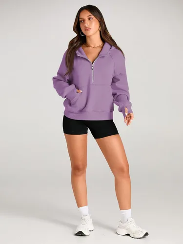 Miniatura 4 de AUTOMET Sudaderas con media cremallera, sudaderas cortas con capucha de forro polar para mujer, sudadera con cremallera de un cuarto, trajes
