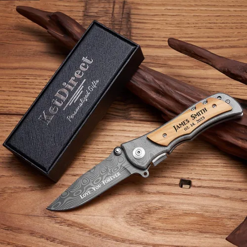 Cuchillo plegable grabado personalizado para novio, esposo, papá, hijo - Cuchillos personalizados para hombres de campamento, pesca y caza con clip