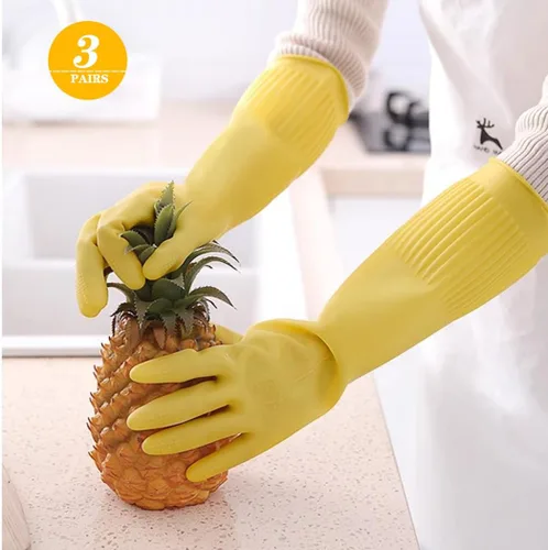 Miniatura 4 de 3 pares de guantes de 17.8 pulgadas de longitud con codo de goma reutilizables, impermeables, para limpieza del hogar y cocina, tamaño pequeño