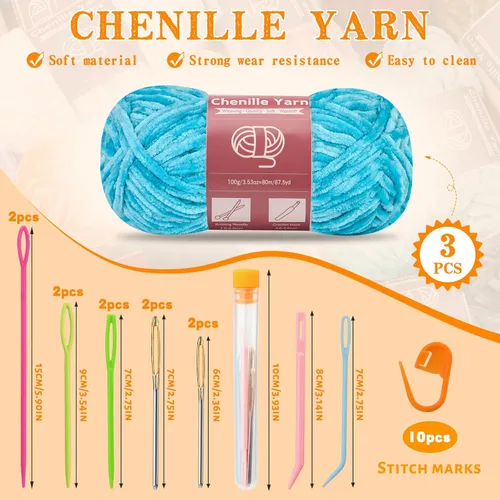 Miniatura 2 de LUNARM Hila de chenilla para crochet y tejer, 3 madejas de 240 metros de hilo grueso suave y voluminoso para tejer mantas, ropa, creaciones de Azul