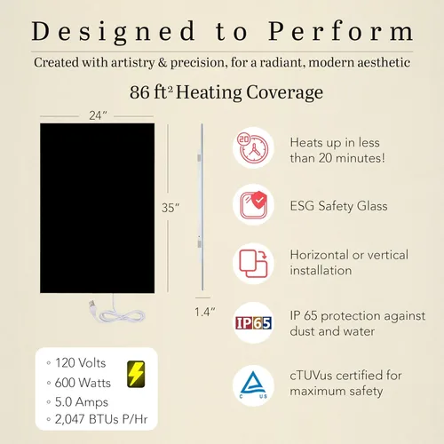 Miniatura 2 de Panel de calentador de pared infrarrojo de vidrio negro 600 W, panel de calor radiante eléctrico de 24 x 35 pulgadas, calentador de espacio