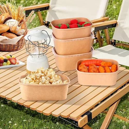 Miniatura 4 de 50 cuencos desechables de papel kraft con tapas, cuencos de papel de 25 onzas a prueba de fugas, suministros desechables para fiestas para servir