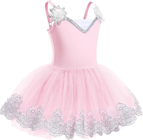 Miniatura 3 de ODASDO Leotardo de ballet para niñas, camisola, faldas tutú, lentejuelas brillantes, bordado de flores, vestido de baile, traje de gimnasia