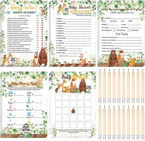 Sinmoe 145 piezas de suministros de juegos de baby shower de animales del bosque, 5 juegos de baby shower, tarjetas de actividades con 20 lápices