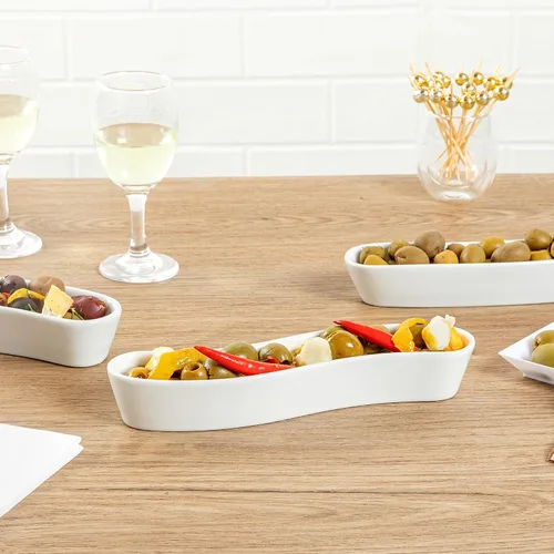 Miniatura 6 de Restaurantware Swerve - Plato de oliva de 6 onzas, 1 bandeja curvada de aceituna, de porcelana blanca, resistente a astillas, canoa de olivo apta