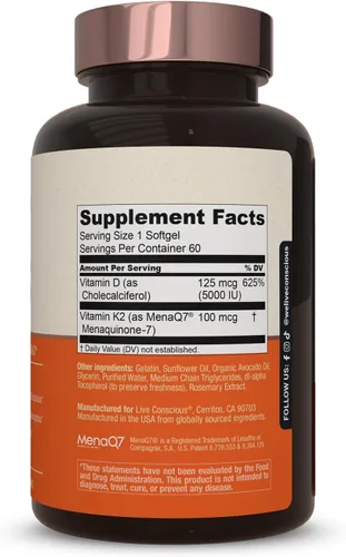 Miniatura 6 de Live Conscious Vitamina K2 MK7 con suplemento D3 Apoyo a la salud ósea y cardíaca - Vitamina K patentada y vitamina D3 5000 UI (paquete de 2)