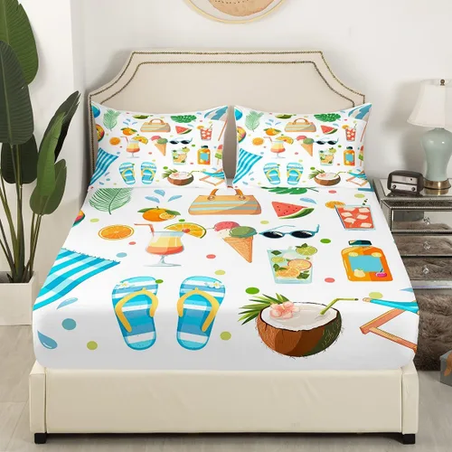 Miniatura 3 de Castle Fairy Juego de sábanas bajeras de verano con diseño botánico de hojas de palma, tamaño individual, diseño de acuarela, lindas frutas