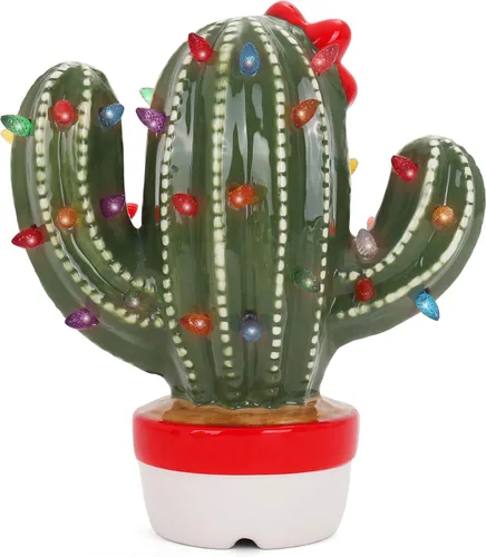 Miniatura 5 de Cactus de Navidad de cerámica – Cactus de árbol de Navidad de cerámica vintage – Cactus de árbol de Navidad iluminado – Cactus nostálgico árbol