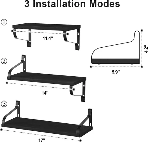 Miniatura 3 de Love-KANKEI Estantes flotantes montados en la pared de madera rústica, juego de 3 estantes para dormitorio, sala de estar, baño, cocina, color negro