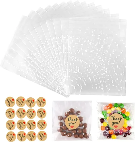 YVPSI Bolsas autoadhesivas para galletas, bolsas de celofán transparentes con sello, etiquetas de agradecimiento para embalaje, dulces, panadería,