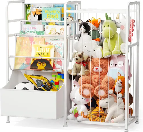 Miniatura 9 de BBLIKE Estantería para niños y almacenamiento de animales de peluche, estantes multifuncionales para libros de guardería con caja de juguetes y Beige