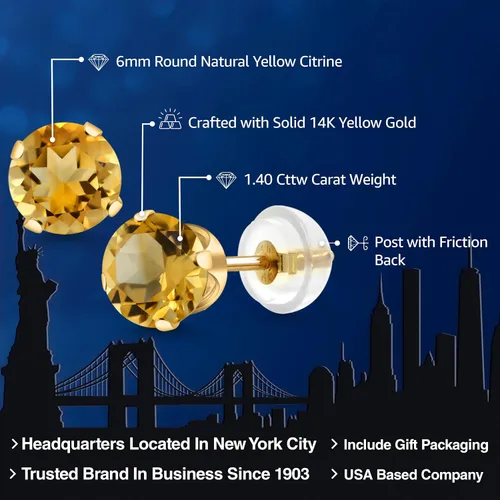 Miniatura 266 de Gem Stone King Aretes solitarios con piedra natal de oro de 14 quilates Redondos de 0.236 in Aretes de oro para mujeres y hombres