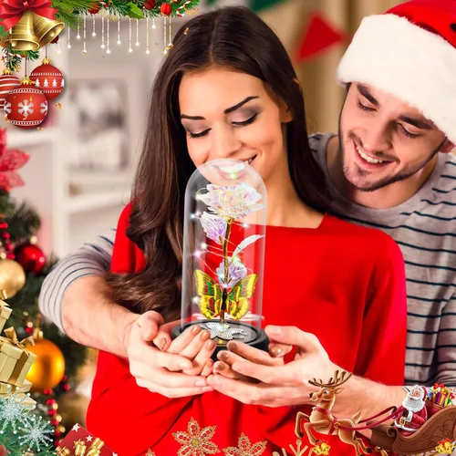 Miniatura 7 de Regalos de cumpleaños para mujer, rosa colorida con luz eterna en cúpula de cristal con mariposa, flores de Navidad para mamá, regalo de hija