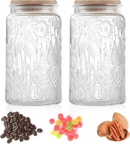 Miniatura 2 de Custde Tarros de almacenamiento de vidrio con tapa hermética de bambú, 35 onzas líquidas, recipientes decorativos de alimentos para encimera
