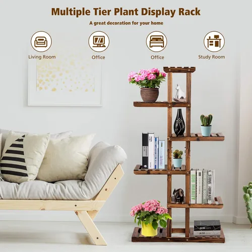 Miniatura 5 de Giantex Estante de madera para plantas, 7 estantes de madera, 11 macetas, estante de exhibición de bonsái para interiores y exteriores, jardín