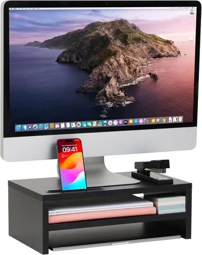 Mind Reader Soporte para monitor con ranura para teléfono y estante de almacenamiento, elevador de escritorio, capacidad de 88 libras, madera MDF,