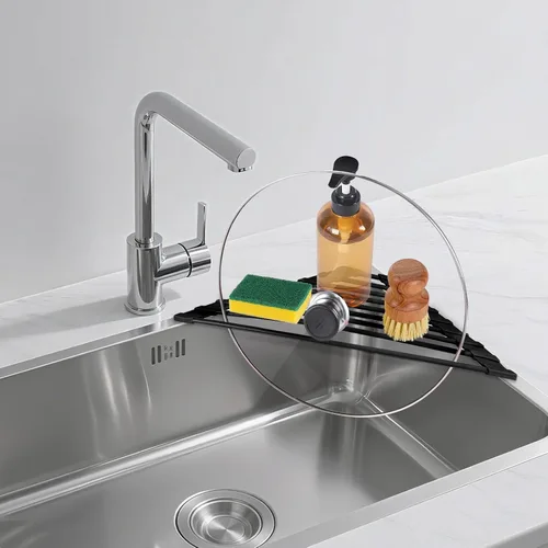 Miniatura 7 de HANZENMA Estante triangular para fregadero, estante multifuncional sobre la encimera, esterilla plegable para secar el fregadero, resistente al Negro
