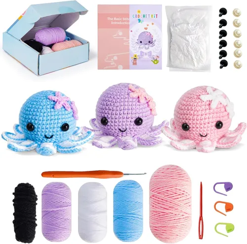 Miniatura 9 de Gerute Kit de ganchillo de 6 piezas para principiantes, kit de ganchillo de animales con video tutorial paso a paso, kit de ganchillo