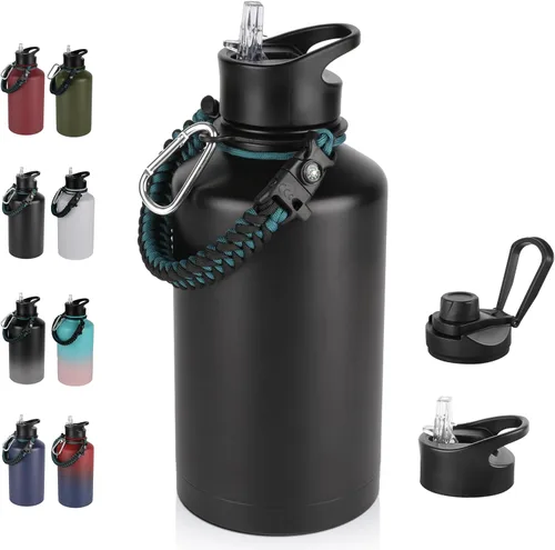 Miniatura 71 de Botella de agua aislada de 64 onzas con tapas de pajita y boquilla, jarra de agua de acero inoxidable de medio galón con mango de paracord, vacío