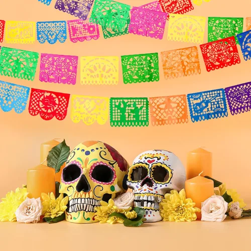4 paquetes de pancartas de fiesta mexicana de 60 pies, pancarta de papel picado de plástico para fiesta, cinco de mayo, día de los muertos,