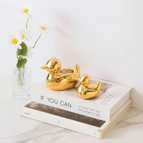 Miniatura 5 de Figuras de pato de cerámica dorada para decoración del hogar, esculturas y estatuas de animales Decoración de arte hecha a mano, mini pato