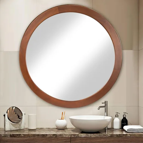 Miniatura 7 de CULER Espejo Redondo de 36 Pulgadas, Espejo de Pared Templado Rústico de Baño con Marco de Madera de Nogal, Espejos Circulares de Madera