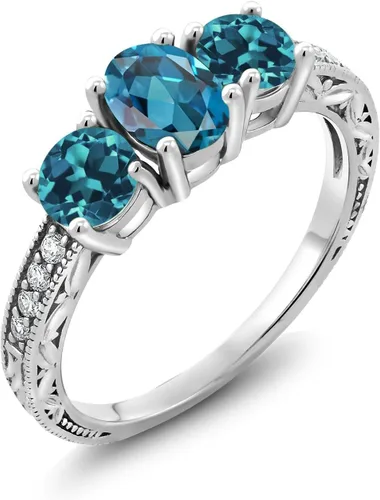 Miniatura 11 de Gem Stone King Anillo de compromiso de 3 piedras preciosas de oro blanco de 10 quilates con piedra natal y diamantes cultivados en laboratorio