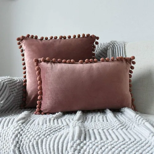 Miniatura 10 de vctops Funda de cojín lumbar con pompones, de terciopelo suave, sólida, decorativa, para sofá, dormitorio o automóvil, 1 pieza