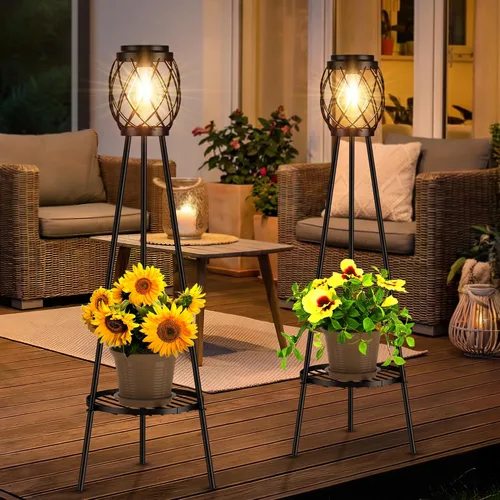 Miniatura 13 de MXwcy Lámpara de pie solar con soportes para plantas, luces solares para exteriores con bombillas LED Edison vintage, luces de jardín resistentes a