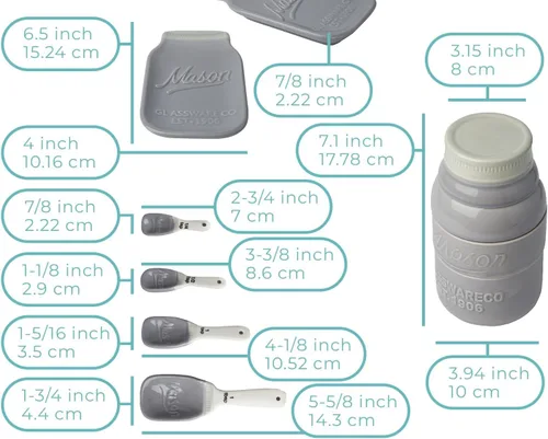 Miniatura 3 de Comfify Mason Jar Menaje de Cocina – 4 Tazas Medidoras, 4 Cucharas, Apoya Cucharas – Cerámica Vintage en Gris