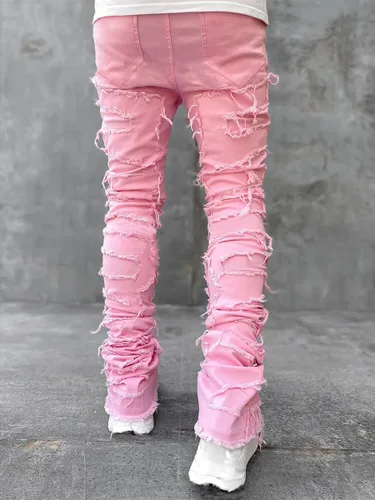 Miniatura 4 de Jeans apilados para hombre, ajustados, rasgados, elásticos, desgastados, rectos, pantalones de mezclilla hip hop, ropa de calle