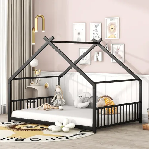 P PURLOVE Marco de cama de tamaño matrimonial, marco de cama Montessori de metal para niños, marco de cama de casa para niños con techo, cabecero y