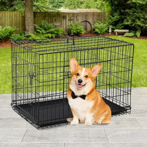 Miniatura 2 de BestPet Jaula para perros 30 pulgadas Negro Perrera de metal plegable con puertas dobles, pestillos seguros de perno deslizante, bandeja a