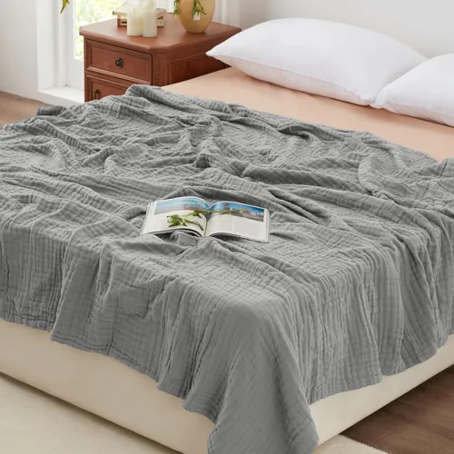 Miniatura 22 de Love's cabin - Manta de muselina de 6 capas 100% algodón, 90"x90", manta de muselina tamaño queen para sofá o cama, de algodón de gasa ligera y Beige