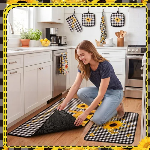 Miniatura 4 de Fourluoo Juego de 10 piezas de decoración y accesorios de cocina de girasol, diseño de búfalo blanco y negro, juego de manoplas de horno y soportes