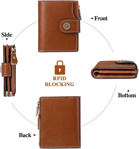 Miniatura 4 de FALAN MULE Cartera pequeña para mujer, de piel, plegable, compacta, pequeña, con bloqueo RFID, Marrón, Vintage