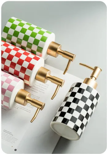 Miniatura 3 de Dispensador de jabón de cerámica a cuadros con bomba mate dorada a prueba de óxido, dispensador de jabón decorativo para baño o cocina