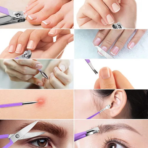 Miniatura 7 de Juego de manicura, mini cortaúñas de viaje, herramientas de cuidado de pedicura, 10 piezas de acero inoxidable (violeta)