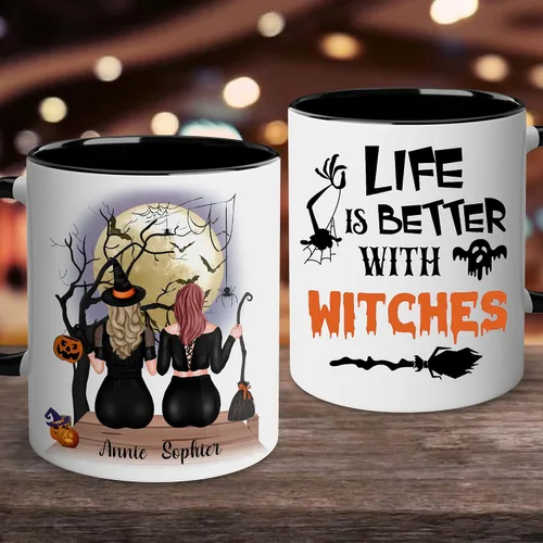 Miniatura 5 de WHIDOBE Taza de café personalizada de Halloween (2 brujas), taza de café personalizada de 11 o 15 onzas para mujeres, hermana, mejor amiga, taza