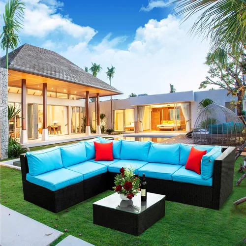 Miniatura 17 de Quarte Juego de muebles de patio de 4 piezas, sofá modular de mimbre de ratán PE para exteriores con acolchado y almohada, para porche, césped, Gris