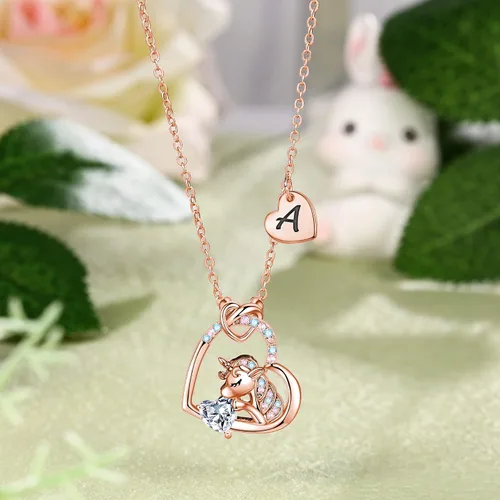 Miniatura 6 de IEFRICH Regalos de unicornios para niñas, collares de unicornio con corazón de circonita cúbica para mujeres y niñas, collares con inicial, joyería