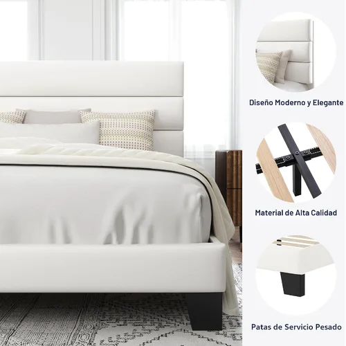 Miniatura 6 de Allewie Base de cama de plataforma tamaño Queen con cabecera tapizada de terciopelo y soporte de listones de madera, base de colchón completa,
