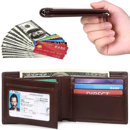 Miniatura 3 de SENDEFN Billeteras para hombre de cuero genuino con bloqueo RFID, tarjetero plegable, A-Marrón, Retro